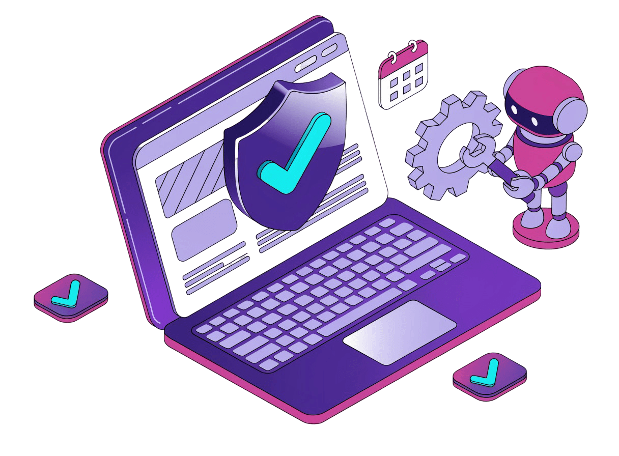 Laptop tiszta weboldallal, előtte pajzs pipával, mellette csavarkulcsos robot fogaskerékkel – WordPress karbantartás